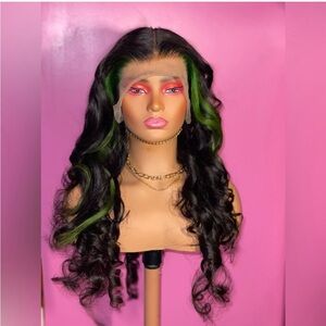 28” Black & Green Money Piece Lace Frontal Wig – Transparent Lace | 180% Density